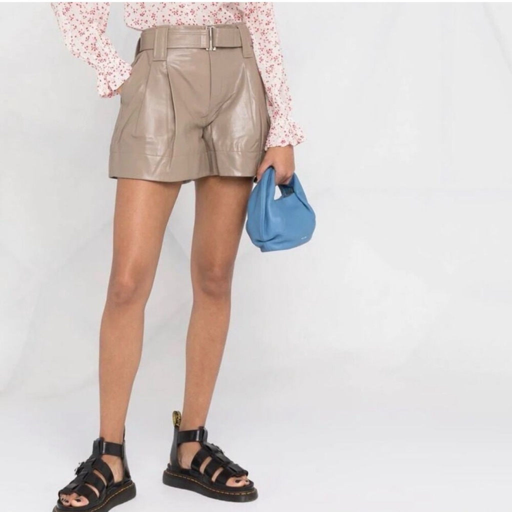Ganni Taupe Lamb Leather Belted High-Waist Shorts